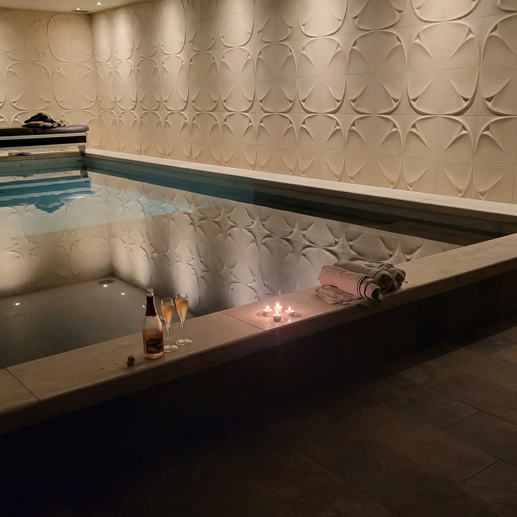 Sfeervol binnenbad met kaarsen en warme verlichting voor het relaxatie- en therapiezwemmen