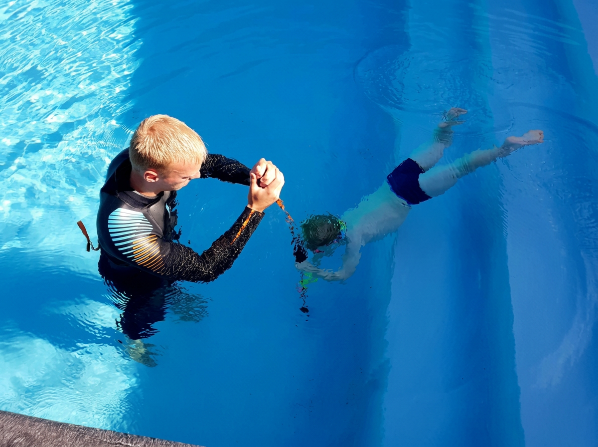 Kevin De Pooter begeleidt een kind dat onder water naar een stok duikt